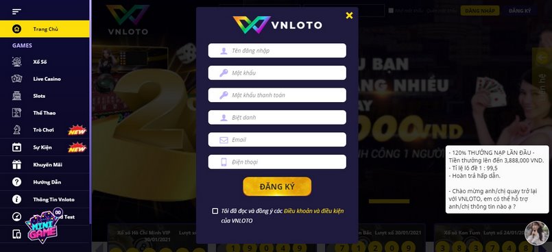 Điền thông tin đăng ký tài khoản mới tại nhà cái VNLOTO